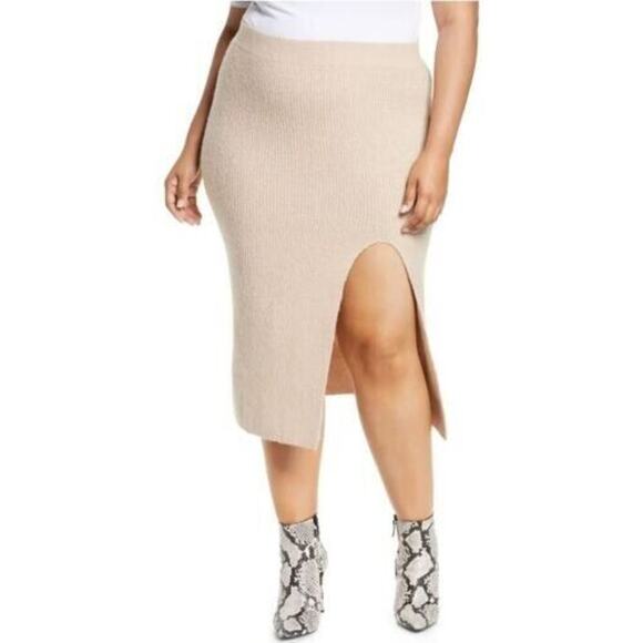 Leith Women's Plus Size Split Sweater Midi Skirt In Tan Memoir 1X MSRP $59 - Picture 1 of 6